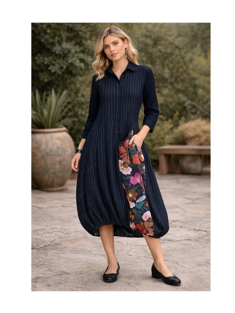 ALEMBIKA bubble hem striped button down shirt dress front pocket pop of color 2 - Picture 11 of 13